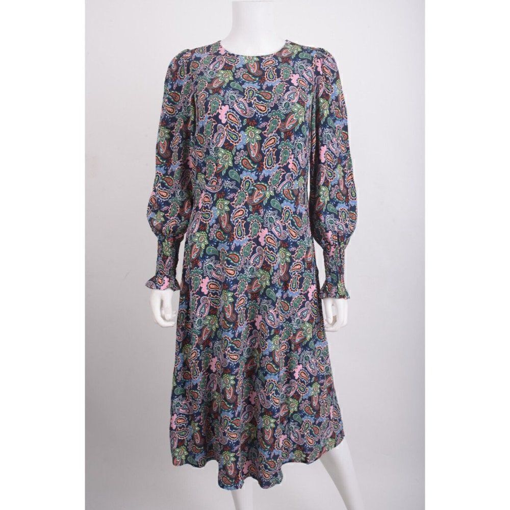Boden Womens Midi Dress UK 8 US 4 smocked Cuff Paisley Navy Blue Multi-Color NWT